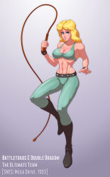 Rule 34 | 1girl, abs, arc system works, battletoads &amp; double dragon, blonde hair, breasts, copyright name, double dragon, highres, image sample, jiggeh, large breasts, linda (double dragon), long hair, midriff, muscular, pixiv sample, resized, solo, whip
