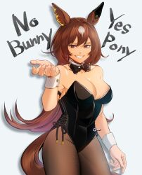 Rule 34 | 1girl, animal ears, armband, bare shoulders, black bow, black bowtie, black leotard, bow, bowtie, breasts, brown hair, brown pantyhose, cleavage, cowboy shot, detached collar, english text, gaman, grin, groin, hand up, highres, horse ears, horse girl, horse tail, large breasts, leotard, long hair, looking at viewer, nontraditional playboy bunny, pantyhose, red eyes, sirius symboli (umamusume), smile, solo, tail, umamusume, wrist cuffs