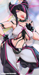Rule 34 | 1girl, areola slip, bare shoulders, bayeuxman, black gloves, black hair, breasts, candy, chaps, collarbone, crop top, fingerless gloves, food, gloves, grey leggings, hair over one eye, han juri, hand on own hip, highres, large breasts, leggings, lollipop, looking at viewer, multicolored background, multicolored hair, nail polish, navel, open mouth, pink eyes, pink hair, see-through, short twintails, solo, standing, standing on one leg, street fighter, street fighter 6, teeth, tongue, tongue out, twintails, two-tone hair, upper teeth only