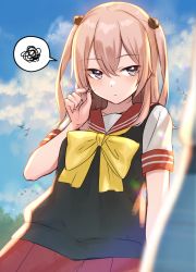 Rule 34 | 1girl, absurdres, animal, bird, blonde hair, blue sky, blurry, blurry foreground, bow, cloud, commentary request, day, depth of field, grey eyes, hair between eyes, hand up, highres, hoshimiya aki, inui sajuna, long hair, outdoors, pleated skirt, red sailor collar, red skirt, sailor collar, shirt, short sleeves, skirt, sky, solo, sono bisque doll wa koi wo suru, spoken squiggle, squiggle, sweater vest, two side up, white shirt, yellow bow