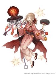 Rule 34 | 1girl, :d, blonde hair, flip-flops, full body, hair between eyes, hand fan, holding, holding fan, holding wand, japanese clothes, ji no, kimono, long hair, long sleeves, looking at viewer, official art, open mouth, red kimono, red riding hood (sinoalice), sandals, simple background, sinoalice, smile, solo, toes, wand, white background, wind chime, yellow eyes, zouri