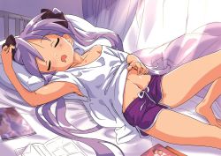 Rule 34 | 1girl, arm up, armpits, barefoot, bed, bedroom, black ribbon, blush, closed eyes, collarbone, commentary request, curtains, drooling, facing viewer, foot out of frame, fujoshi, hair ribbon, hand on own stomach, head on pillow, hiiragi kagami, ichimi renge, indoors, knee up, long hair, lucky star, lying, manga (object), midriff, mouth drool, navel, on back, on bed, open mouth, photo (object), pillow, pornography, purple hair, purple shorts, ribbon, second-party source, shirt, short sleeves, shorts, single bare shoulder, sleeping, solo, suzumiya haruhi no yuuutsu, thighs, toes, twintails, very long hair, white shirt, yaoi, yaoi (object)