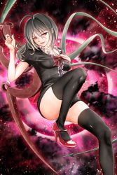 Rule 34 | 1girl, ass, asymmetrical wings, bad id, bad pixiv id, black dress, black hair, black thighhighs, breasts, convenient leg, dress, high heels, highres, houjuu nue, mary janes, microdress, red eyes, red footwear, shoes, short sleeves, small breasts, solo, spell card, strappy heels, thighhighs, touhou, tsushima (kaikyo), wings