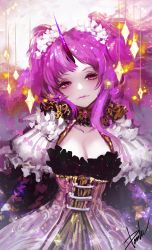 Rule 34 | 1girl, bad id, bad pixiv id, breasts, brooch, cleavage, collarbone, corset, danhu, frills, horns, jewelry, long hair, looking at viewer, original, personification, purple eyes, purple hair, purple lips, signature, single horn, small breasts, solo, twintails, upper body