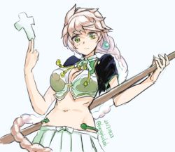 Rule 34 | 1girl, braid, breasts, commentary request, dated, frown, green eyes, green skirt, kangoku kou, kantai collection, large breasts, long hair, looking at viewer, looking down, midriff, navel, one-hour drawing challenge, shikigami, short sleeves, simple background, skirt, solo, staff, talisman, twitter username, unryuu (kancolle), very long hair, white background, white hair