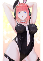 Rule 34 | 1girl, absurdres, animal ears, armpits, arms behind head, arms up, bare shoulders, black leotard, blue eyes, bow, bowtie, breasts, butterfly hair ornament, clothing cutout, collar, fake animal ears, go-toubun no hanayome, hair ornament, highleg, highleg leotard, highres, kzm (cookie-eluza), large breasts, leotard, looking at viewer, medium hair, nakano nino, navel, navel cutout, open mouth, pink hair, playboy bunny, rabbit ears, red bow, red bowtie, solo, strapless, strapless leotard, thigh strap, thighs, traditional bowtie, white collar