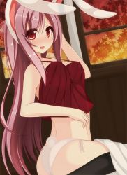 Rule 34 | 1girl, animal ears, ass, bare arms, blush, breasts, camisole, chimunge, highres, large breasts, long hair, no bra, open mouth, panties, rabbit ears, rabbit girl, rabbit tail, red eyes, reisen udongein inaba, side-tie panties, sitting, solo, tail, touhou, underwear, underwear only, very long hair, white panties, window