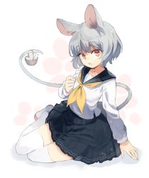 Rule 34 | 1girl, :o, alternate costume, animal ears, bad id, bad pixiv id, basket, black skirt, brown eyes, full body, grey hair, holding, holding with tail, long sleeves, looking at viewer, mouse ears, mouse tail, nazrin, neckerchief, open mouth, pleated skirt, prehensile tail, school uniform, serafuku, short hair, sitting, skirt, solo, suminagashi, tail, thigh gap, thighhighs, touhou, white background, white thighhighs, yokozuwari, zettai ryouiki