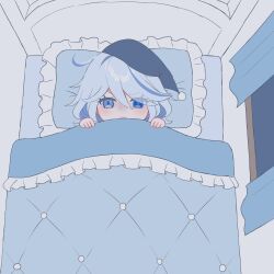 Rule 34 | 1girl, ahoge, aqua hair, bed, bed sheet, bedroom, blanket, blue eyes, commentary request, drop-shaped pupils, from above, furina (genshin impact), genshin impact, hair between eyes, hat, heterochromia, highres, indoors, long hair, long sleeves, looking at viewer, looking up, mismatched pupils, mochi mochi052, multicolored hair, pillow, sidelocks, solo, streaked hair, symbol-shaped pupils, two-tone hair, under covers, wavy hair