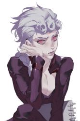 Rule 34 | 1boy, blonde hair, cleavage cutout, clothing cutout, giorno giovanna, head rest, highres, jojo no kimyou na bouken, male focus, pectorals, pink eyes, puppetjackmj, purple eyes, sketchbook, solo, vento aureo, white background