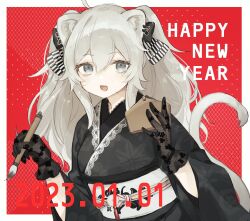 Rule 34 | 1girl, 2023, :d, ahoge, alternate costume, animal ears, black gloves, black kimono, calligraphy brush, dated, ear piercing, ema, fang, floral print, gloves, grey eyes, grey hair, hair between eyes, happy new year, highres, holding, holding brush, hololive, japanese clothes, kimono, kumono nnn, lace, lace-trimmed kimono, lace gloves, lace trim, lion ears, lion tail, long hair, looking at viewer, messy hair, new year, obi, obijime, open mouth, paintbrush, piercing, print kimono, red background, sash, shishiro botan, sidelocks, skin fang, smile, solo, tail, two side up, upper body, virtual youtuber, wide sleeves