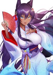 Rule 34 | 1girl, absurdres, animal ears, arm up, blue eyes, breasts, character request, commentary request, commission, copyright request, dark-skinned female, dark skin, facial mark, hair ornament, hairclip, hand fan, hand on own chest, highres, holding, holding fan, japanese clothes, kimono, large breasts, long hair, looking at viewer, open mouth, original, parted lips, petals, pixiv commission, purple hair, red lips, sankyo (821-scoville), solo, standing, transparent background, virtual youtuber, white background, wide sleeves