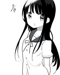 Rule 34 | 1girl, :d, blouse, blunt bangs, breasts, buttons, collarbone, commentary request, gochuumon wa usagi desu ka?, greyscale, long hair, looking at viewer, monochrome, nao (70 pocky), neck ribbon, open mouth, ribbon, sailor collar, school uniform, serafuku, shirt, short sleeves, sidelocks, simple background, small breasts, smile, solo, ujimatsu chiya, upper body, white background