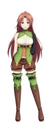 Rule 34 | 1girl, absurdres, apprentice cleric (goblin slayer!), arms behind back, artist request, bare arms, belt, black belt, black sleeves, blue eyes, blush, boots, breasts, brown footwear, brown hair, brown shorts, commentary request, cosplay, dot nose, frown, goblin slayer!, green thighhighs, high elf archer (goblin slayer!), high elf archer (goblin slayer!) (cosplay), highres, knee boots, long hair, looking at viewer, medium breasts, ponytail, short shorts, shorts, simple background, solo, standing, thighhighs, thighhighs under boots, white background