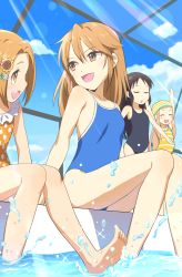 Rule 34 | 4girls, :d, ^ ^, arms up, bad id, bad pixiv id, bare legs, bare shoulders, barefoot, black one-piece swimsuit, blue one-piece swimsuit, blue sky, blush, breasts, brown eyes, brown hair, casual one-piece swimsuit, closed eyes, cloud, cloudy sky, collarbone, commentary request, competition school swimsuit, day, eye contact, hair ornament, hairpin, highres, ichihara nina, idolmaster, idolmaster cinderella girls, indoors, light brown hair, long hair, looking at another, looking away, looking to the side, multiple girls, one-piece swimsuit, open mouth, orange one-piece swimsuit, parted lips, polka dot, polka dot swimsuit, round teeth, ryuzaki kaoru, school swimsuit, sitting, sky, small breasts, smile, soles, splashing, standing, striped clothes, striped one-piece swimsuit, swim cap, swimsuit, tachibana arisu, teeth, upper teeth only, very long hair, water, water drop, window, yama tatsuo, yuuki haru