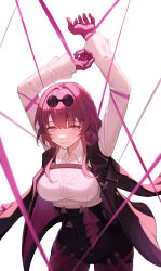 Rule 34 | 1girl, absurdres, arms up, babouo, black jacket, black shorts, breasts, chest harness, closed mouth, collared shirt, eyewear on head, glasses, gloves, hair between eyes, harness, high-waist shorts, highres, honkai: star rail, honkai (series), jacket, jewelry, kafka (honkai: star rail), large breasts, looking at viewer, multiple rings, pantyhose, pantyhose under shorts, pince-nez, purple eyes, purple gloves, purple hair, purple pantyhose, ring, round eyewear, shirt, shorts, sidelocks, simple background, smile, solo, sunglasses, white background, white shirt
