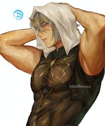 Rule 34 | 1boy, puff of air, alhaitham (genshin impact), armpits, arms up, artist name, black shirt, chest jewel, commentary, compression shirt, covered abs, english commentary, gem, genshin impact, green eyes, green gemstone, grey hair, hair between eyes, highres, hydro symbol (genshin impact), male focus, parted lips, pectorals, profile, shirt, short hair, sidelocks, simple background, sleeveless, sleeveless shirt, snifflesmp4, solo, towel, towel on head, twitter username, upper body, wet, wet clothes, wet hair, white background