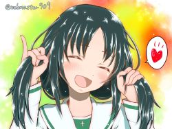 Rule 34 | 1girl, adjusting hair, alternate hairstyle, black hair, blouse, blush, commentary, closed eyes, girls und panzer, hair up, head tilt, heart, highres, katsuragi (webmaster909), light particles, long sleeves, multicolored background, ooarai school uniform, open mouth, pinky out, portrait, school uniform, shirt, smile, solo, spoken heart, twintails, twitter username, white shirt, yamagou ayumi