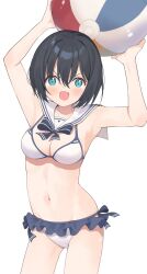 Rule 34 | 1girl, :d, arms up, ball, bare arms, bare shoulders, beachball, bikini, black hair, blue bow, blue eyes, bow, breasts, cleavage, commentary request, frilled bikini, frills, groin, hair between eyes, highres, holding, holding ball, looking at viewer, medium breasts, navel, nirareba, open mouth, original, sailor collar, simple background, smile, solo, swimsuit, v-shaped eyebrows, white background, white bikini, white sailor collar