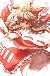 Rule 34 | 1girl, ascot, bow, brown hair, collar, detached sleeves, frilled skirt, frills, hair bow, hair tubes, hakurei reimu, highres, hisako (6anmbblfnjueeff), japanese clothes, long hair, medium hair, miko, nontraditional miko, red bow, red eyes, red shirt, red skirt, ribbon-trimmed sleeves, ribbon trim, shirt, sidelocks, skirt, skirt set, sleeveless, solo, touhou, white collar, yellow ascot