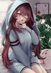 Rule 34 | 1girl, ;o, absurdres, animal hood, asahi (vjss4548), bed, black nails, blue hoodie, brown hair, closed mouth, commentary request, feet, full body, genshin impact, ghost, hand on own face, highres, hood, hood up, hoodie, hu tao (genshin impact), indoors, long hair, long sleeves, looking at viewer, lying, nail polish, on bed, one eye closed, open mouth, plant, rabbit hood, red eyes, revision, solo, star-shaped pupils, star (symbol), symbol-shaped pupils, toenail polish, toenails, toes, twintails, waking up