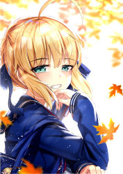 Rule 34 | 1girl, ahoge, aqua eyes, artoria pendragon (all), artoria pendragon (fate), autumn leaves, backlighting, bad id, bad pixiv id, bag, blonde hair, blue ribbon, blue sailor collar, blue shirt, blurry, blurry background, blush, braid, commentary request, depth of field, fate/stay night, fate (series), grin, hair between eyes, hair ribbon, highres, leaf, long sleeves, looking at viewer, looking to the side, maple leaf, ribbon, saber (fate), sailor collar, school bag, school uniform, serafuku, shirt, sidelocks, sleeves past wrists, smile, solo, upper body, yan (nicknikg)