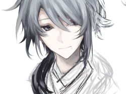 Rule 34 | 00 gx4, 1boy, bad id, bad pixiv id, commentary request, genshin impact, gradient hair, grey eyes, grey hair, hair over one eye, hair over shoulder, kamisato ayato, long bangs, looking to the side, male focus, medium hair, mole, mole under mouth, multicolored hair, painting (medium), ponytail, portrait, sidelocks, simple background, sketch, solo, swept bangs, traditional media, unfinished, white background