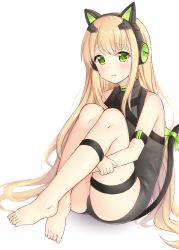Rule 34 | 1girl, animal ear headphones, animal ears, bad id, bad pixiv id, bare shoulders, barefoot, blonde hair, blush, bow, cat ear headphones, cat ears, cat girl, cat tail, closed mouth, commentary, fake animal ears, girls&#039; frontline, green bow, green eyes, grey leotard, hair between eyes, headphones, highres, hugging own legs, leotard, long hair, looking at viewer, seventeen (st17215), tail, tail bow, tail ornament, tail raised, tmp (girls&#039; frontline), very long hair, white background