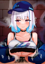 Rule 34 | 1boy, 1girl, absurdres, afterimage, averting eyes, bare shoulders, baseball cap, black choker, blue hair, blue headwear, blue jacket, blunt bangs, blush, breasts, breasts squeezed together, chimomi ya, choker, collarbone, dated, gradient hair, half-closed eyes, hat, hetero, highres, jacket, large breasts, light blue hair, lize helesta, lize helesta (8th costume), long sleeves, looking to the side, male pubic hair, multicolored hair, nervous smile, nijisanji, off shoulder, official alternate costume, open clothes, open jacket, paizuri, paizuri under clothes, penis, pov, pubic hair, purple eyes, short hair, smile, solo focus, sweat, virtual youtuber, wall, white hair