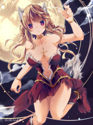 Rule 34 | 1girl, :o, amanatsu yuzuka, animal ears, bare shoulders, blush, bracelet, breasts, brown hair, center opening, choker, cloud, cross, dress, eyebrows, fingernails, hand up, jewelry, large breasts, leg up, long fingernails, long hair, looking at viewer, moon, nail polish, navel, night, night sky, outdoors, parted lips, paw shoes, purple eyes, red dress, red nails, sharp fingernails, shoes, short dress, sky, solo, strapless, strapless dress, tail, valhalla valkyries