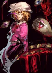 Rule 34 | 1girl, black background, blonde hair, blood, bow, bowtie, dress, from side, glowing, glowing eye, hair between eyes, hair over one eye, hat, inishie kumo, juliet sleeves, long sleeves, looking at viewer, looking to the side, maribel hearn, one eye covered, pink dress, puffy sleeves, red bow, smile, solo, touhou, white hat, yellow eyes