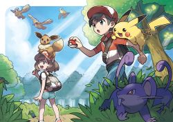 Rule 34 | 1boy, 1girl, absurdres, aqua shorts, artist request, backpack, bag, baseball cap, bird, black eyes, black hair, black shirt, blue sky, brown eyes, brown hair, chase (pokemon), clenched hand, cloud, creatures (company), day, eevee, elaine (pokemon), from behind, game freak, gen 1 pokemon, grass, hand up, happy, hat, highres, holding, holding poke ball, huge filesize, light rays, matching hair/eyes, nintendo, oddish, official art, on head, open mouth, outdoors, pidgey, pikachu, poke ball, poke ball (basic), poke ball theme, pokemon, pokemon (creature), pokemon lgpe, pokemon on head, purple eyes, rattata, red eyes, red footwear, red hat, red shirt, shirt, shoes, short hair, short shorts, short sleeves, shorts, sky, smile, standing, sunbeam, sunlight, teeth, tree