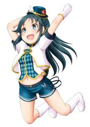 Rule 34 | 1girl, :d, arms up, black hair, blue eyes, blue headwear, blue shorts, blush, boots, character request, crop top, cropped jacket, feathers, full body, gloves, hat feather, idolmaster, idolmaster cinderella girls, jacket, long hair, looking away, midriff, navel, open mouth, regular mow, shirt, short shorts, short sleeves, shorts, simple background, smile, solo, very long hair, white background, white feathers, white footwear, white gloves, white jacket, white shirt
