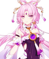 Rule 34 | 1girl, bare shoulders, bow-shaped hair, breasts, closed mouth, detached sleeves, dress, forehead jewel, fu xuan (honkai: star rail), hair ornament, highres, honkai: star rail, honkai (series), jewelry, long hair, looking at viewer, parted bangs, pink eyes, pink hair, pochimaru (marumaru wanwan), simple background, small breasts, smile, solo, tassel, twintails, upper body, very long hair, white background