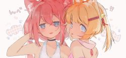 Rule 34 | 2girls, :p, animal ear fluff, animal ears, arm behind head, arm up, armpits, bad id, bad twitter id, bell, blonde hair, blue eyes, cat ears, choker, close-up, detached sleeves, fox ears, hair ornament, hairclip, hinata channel, jingle bell, kemomimi oukoku kokuei housou, long hair, low twintails, mikoko (kemomimi oukoku kokuei housou), multiple girls, nekomiya hinata, pink hair, pink shirt, shirt, tongue, tongue out, twintails, upper body, vest, virtual youtuber, white vest