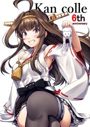 Rule 34 | 1girl, ahoge, arm support, bare shoulders, blush, boots, breasts, brown footwear, brown hair, crossed legs, detached sleeves, double bun, grin, hair bun, hairband, headgear, highres, holding, ichikawa feesu, japanese clothes, kantai collection, kongou (kancolle), long hair, looking at viewer, nontraditional miko, petticoat, purple eyes, remodel (kantai collection), sidelocks, sitting, skirt, smile, solo, thigh boots, thighhighs