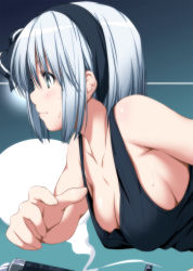 Rule 34 | 1girl, alternate costume, armpits, bare arms, bare shoulders, black hairband, black ribbon, blush, breasts, cleavage, closed mouth, collarbone, commentary request, from side, green eyes, hair ribbon, hairband, highres, katana, konpaku youmu, konpaku youmu (ghost), medium breasts, nori tamago, profile, revision, ribbon, short hair, silver hair, solo, sweat, sword, tank top, touhou, upper body, weapon