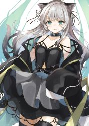 Rule 34 | 1girl, andou yuna, animal ear fluff, animal ears, arknights, black jacket, black skirt, black thighhighs, blue eyes, cat ears, cat girl, cat tail, collar, collarbone, commentary, cowboy shot, grey hair, highres, infection monitor (arknights), jacket, light blush, long hair, looking at viewer, mint (arknights), mint (elite ii) (arknights), off shoulder, open mouth, skirt, sleeves past wrists, solo, standing, tail, thighhighs, zettai ryouiki