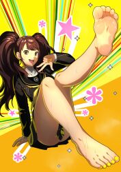 Rule 34 | 1girl, arm support, barefoot, black cardigan, black skirt, brown eyes, brown hair, cardigan, commentary request, commission, convenient censoring, feet, foreshortening, hand up, highres, k.ty (amejin), kujikawa rise, legs, long hair, long sleeves, megami tensei, miniskirt, nail polish, neckerchief, open mouth, orange background, patterned background, persona, persona 4, pleated skirt, shiny skin, sidelocks, skirt, soles, solo, star (symbol), striped, striped background, sweat, sweatdrop, swept bangs, teeth, thighs, toenail polish, toenails, toes, twintails, upper teeth only, w, yellow background, yellow nails, yellow neckerchief