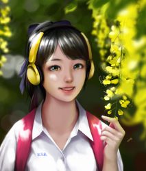 Rule 34 | 1girl, arm up, artist name, backpack, bag, black hair, blurry, blurry background, buttons, collared shirt, day, eyebrows, flower, green eyes, grin, headphones, highres, holding, holding flower, jin, jintawat puttanawiboon, lens flare, lips, nose, original, outdoors, parted bangs, shirt, signature, smile, solo, upper body, watermark, white shirt, yellow flower