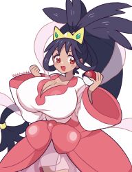 Rule 34 | 1girl, :d, absurdres, adapted costume, alternate breast size, big hair, black hair, blush, bow, breasts, cleavage, clenched hand, commentary, cowboy shot, creatures (company), dadadanoda, dark-skinned female, dark skin, dress, game freak, gem, green gemstone, hair rings, highres, holding, holding poke ball, huge breasts, iris (pokemon), long hair, low-tied long hair, nintendo, official alternate costume, open mouth, pink bow, pink dress, poke ball, poke ball (basic), pokemon, pokemon bw2, red eyes, simple background, smile, solo, teeth, tiara, twitter username, two-tone dress, upper teeth only, very long hair, w arms, waist bow, white background, white dress, wide sleeves