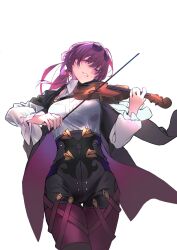 Rule 34 | 1girl, absurdres, black jacket, black shorts, breasts, chest harness, collared shirt, cowboy shot, eyewear on head, hair between eyes, harness, high-waist shorts, highres, hiro (hirohiro gorira), holding, holding instrument, holding violin, honkai: star rail, honkai (series), instrument, jacket, jacket on shoulders, kafka (honkai: star rail), large breasts, long hair, looking at viewer, music, pantyhose, pantyhose under shorts, playing instrument, purple-tinted eyewear, purple eyes, purple hair, purple pantyhose, round eyewear, shirt, shorts, sidelocks, simple background, smile, solo, standing, sunglasses, tinted eyewear, violin, white background, white shirt