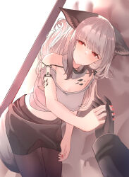 Rule 34 | 1girl, 1other, absurdres, animal ear fluff, animal ears, arknights, bare shoulders, black gloves, black pantyhose, black skirt, blush, closed mouth, crop top, dutch angle, frostleaf (arknights), gloves, grey hair, grey shirt, half-closed eyes, highres, long hair, long sleeves, looking at viewer, lying, midriff, nail polish, off shoulder, on side, out of frame, pantyhose, red eyes, red nails, shirt, skirt, smile, suzubotan, tail