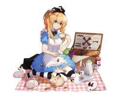 Rule 34 | alice (alice in wonderland), alice (alice in wonderland) (cosplay), apple, bad id, bad pixiv id, baguette, black bow, black hairband, blonde hair, blue dress, blue eyes, bow, bread, carrot, checkerboard cookie, cookie, cosplay, dress, food, fork, fruit, grapes, hairband, jam, knife, napkin, original, picnic, picnic basket, plate, rabbit, risem, saucer, sitting, solo, striped clothes, striped thighhighs, tea, teapot, thighhighs