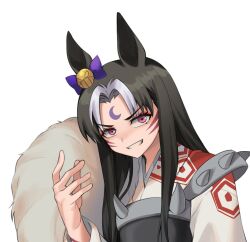 Rule 34 | 1girl, animal ears, armor, black hair, bow, commentary request, cosplay, crescent, crescent facial mark, ear bow, eyeliner, facial mark, forehead mark, fukuro (maruaru00), genderswap, genderswap (mtf), grey hair, grin, hair intakes, head tilt, highres, horse ears, horse girl, inuyasha, japanese clothes, kikkoumon, kimono, looking at viewer, makeup, multicolored hair, original, personification, purple bow, red eyeliner, sesshoumaru, sesshoumaru (cosplay), shoulder spikes, sidelocks, simple background, smile, solo, spiked armor, spikes, stay gold (racehorse), two-tone hair, umamusume, white background, white kimono