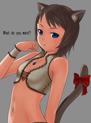 Rule 34 | 1girl, animal ears, bad id, bad pixiv id, blue eyes, bow, brown hair, cat ears, cat girl, cat tail, female focus, flat chest, jewelry, locket, namine0079, navel, necklace, original, pendant, ribbon, short hair, simple background, solo, tail, tail ornament, tail ribbon, wristband