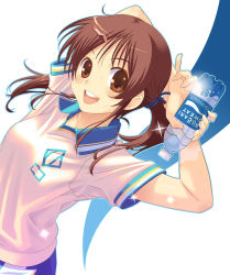 Rule 34 | 1girl, aoi sora (pairan), arms up, bad id, bad pixiv id, blush, bottle, brown eyes, brown hair, face, hair ornament, hairclip, looking at viewer, open mouth, original, pairan, pocari sweat, ponytail, product placement, round teeth, short sleeves, smile, soccer uniform, solo, sportswear, teeth, twintails, water, water bottle, white background