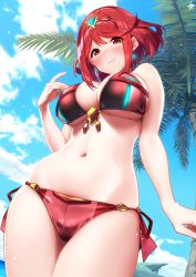 Rule 34 | 1girl, absurdres, baffu, bare shoulders, bikini, blue sky, blush, breasts, cleavage, collarbone, day, earrings, highres, hip focus, jewelry, large breasts, looking at viewer, navel, nintendo, outdoors, palm tree, pyra (xenoblade), red bikini, red eyes, red hair, short hair, sidelocks, sky, smile, solo, swept bangs, swimsuit, thighs, tiara, tree, xenoblade chronicles (series), xenoblade chronicles 2