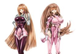 Rule 34 | 2girls, blue eyes, blunt bangs, blunt ends, bodysuit, breasts, brown hair, closed mouth, cosplay, costume switch, covered erect nipples, covered navel, crossover, fishnet fabric, highres, impossible bodysuit, impossible clothes, ken marinaris, koukawa asuka, large breasts, light brown hair, long hair, look-alike, looking at viewer, monster misosiru1000, multiple girls, pink bodysuit, red bodysuit, red eyes, shiny clothes, simple background, skin tight, smile, standing, taimanin (series), taimanin suit, very long hair, white background, zone of the enders 2