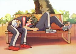 Rule 34 | 2boys, bench, blue jacket, blue pants, boku no hero academia, closed eyes, commentary, commission, day, english commentary, fenkko, freckles, full body, green hair, gym uniform, head on chest, jacket, lying, male focus, midoriya izuku, multiple boys, on back, on bench, outdoors, pants, park bench, parted lips, red footwear, red hair, shoes, short hair, sitting, sleeping, sleeping on person, todoroki shouto, u.a. gym uniform, white hair